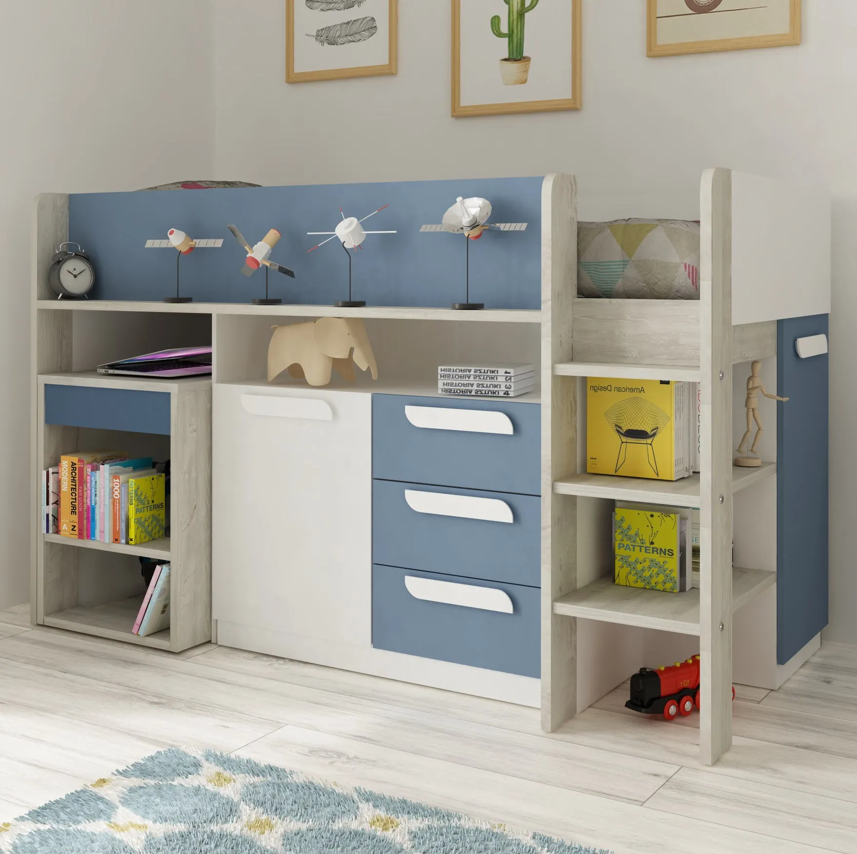 Midsleeper Bed with Desk & Storage, Blue Girona Trasman