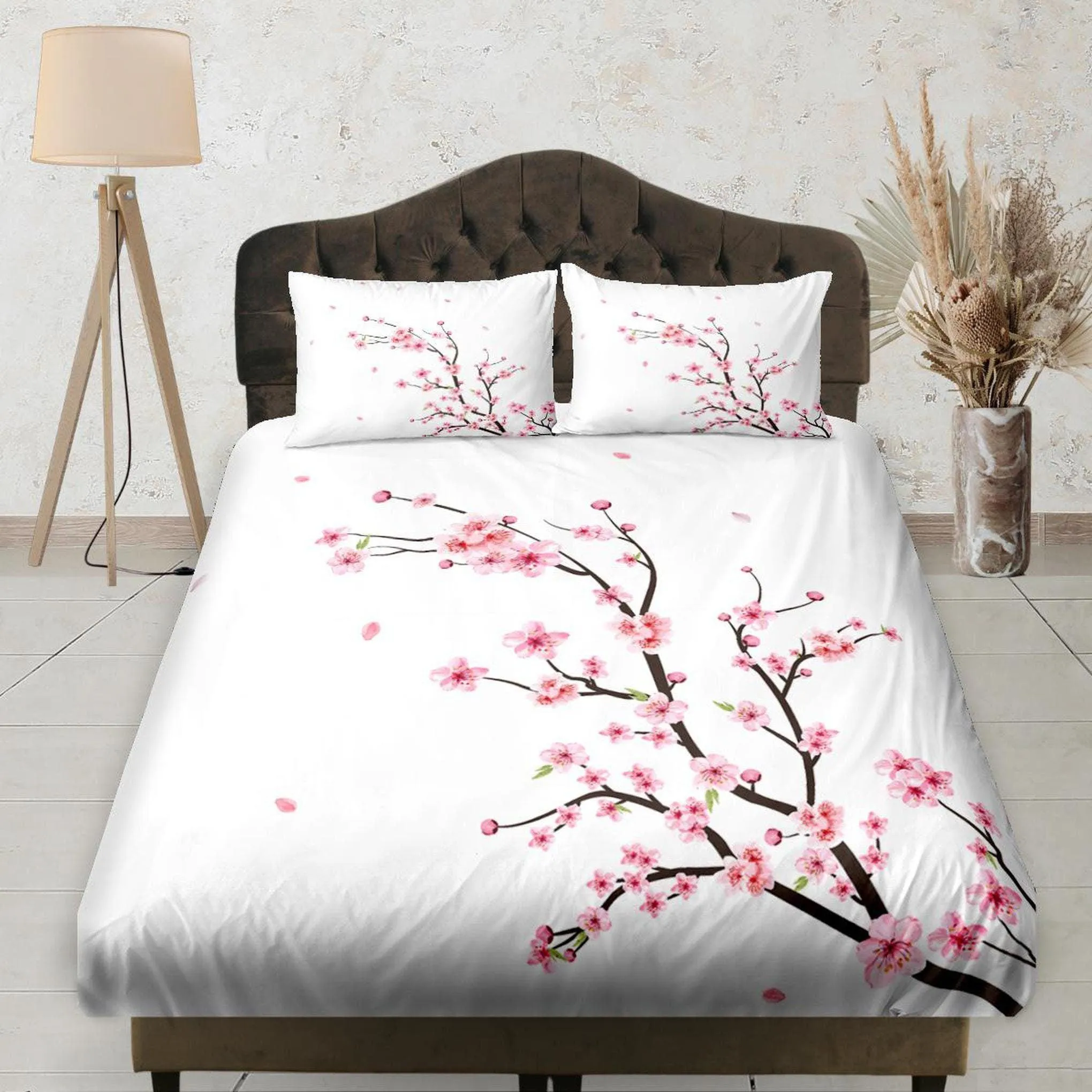 Minimalist Cherry Blossoms Bedding, Fitted Sheet Deep Pocket, Floral Printed Bedding Set, Boho Bedsheet, Dorm Bedding, Shabby Chic Bedding