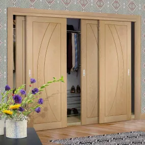 Minimalist Wardrobe Door & Frame Kit - Four Salerno Oak Flush Doors - Unfinished