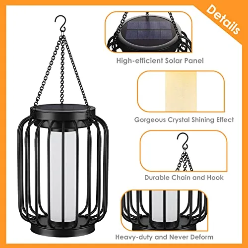 Mlambert Solar Lantern Outdoor Waterproof, Hanging Solar Lights with Crystal Shining Effect, Solar Powered Outdoor Lights for Patio, Garden, Yard, Metal Decorative Lighting with Hook, Black, 2-Pack