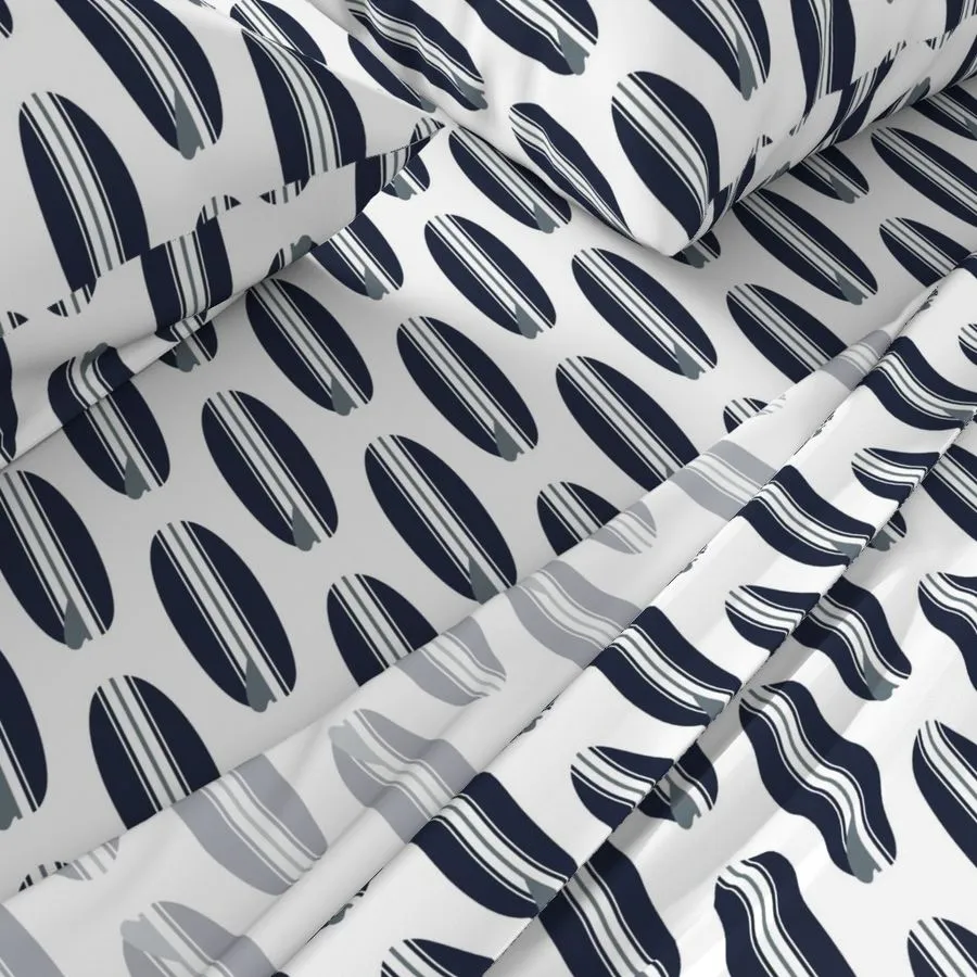 Navy Blue and Grey Classic Surfboards Sheet Set from Surfer Bedding™️ Medium Scale