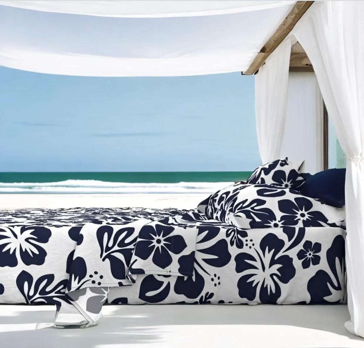 Navy Blue Hawaiian Flowers on White Sheet Set from Surfer Bedding™️ Medium Scale