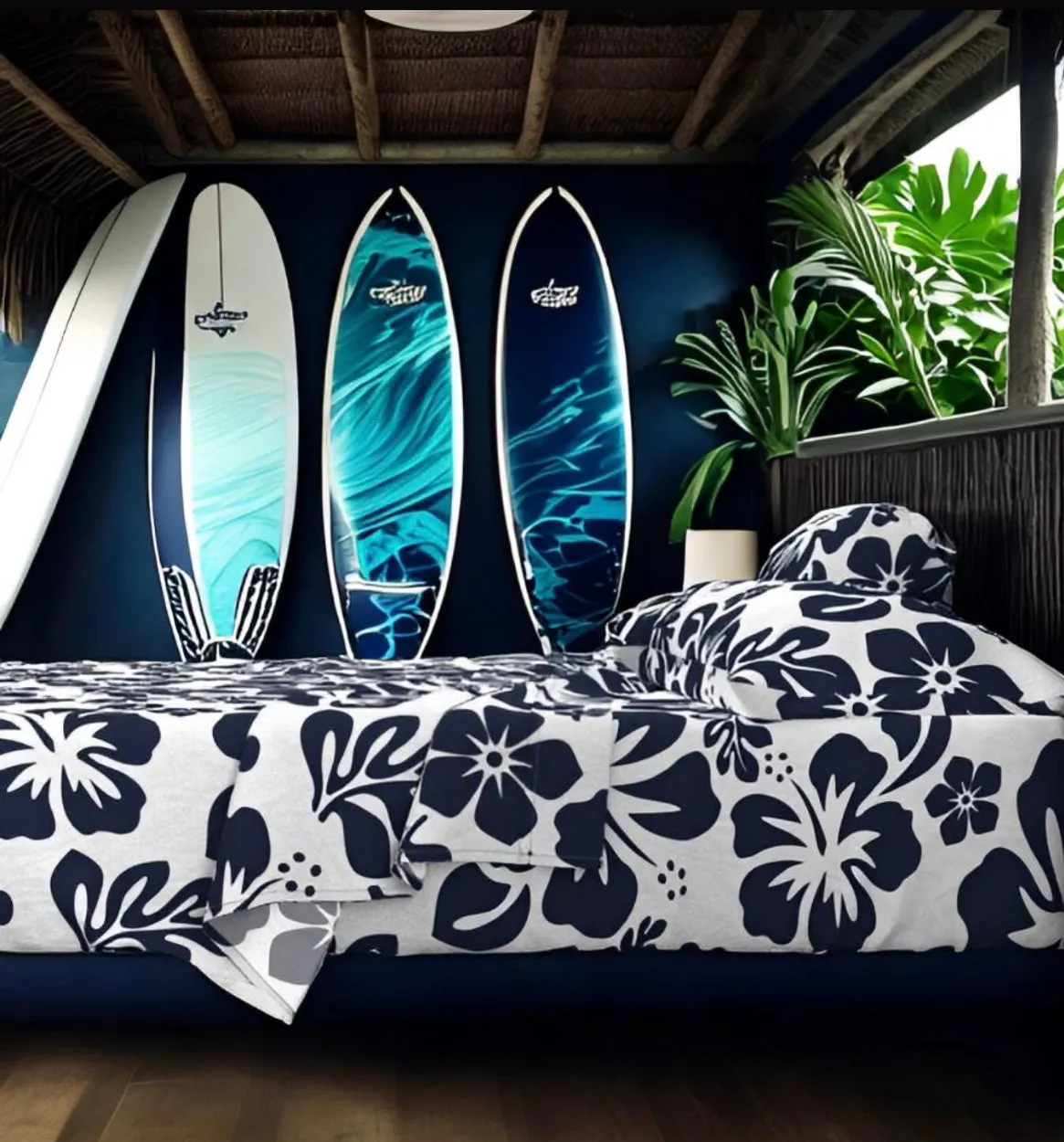 Navy Blue Hawaiian Flowers on White Sheet Set from Surfer Bedding™️ Medium Scale