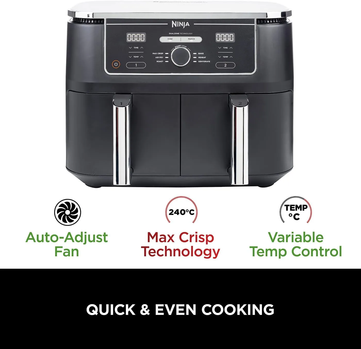 Ninja Foodi MAX Dual Zone Digital Air Fryer, 2 Drawers, 9.5L, 6-in-1, Uses No Oil, Max Crisp, Roast, Bake, Reheat, Dehydrate, Cook 8 Portions, Non-Stick Dishwasher Safe Baskets, Black