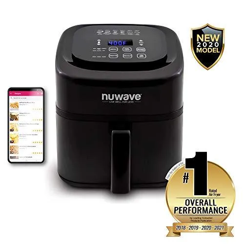 NUWAVE BRIO 6-Quart Digital Air Fryer with One-Touch Digital Controls, 6 easy presets, Precise Temperature Control, Recipe Book, Basket Divider, Wattage Control, PREHEAT & REHEAT Function