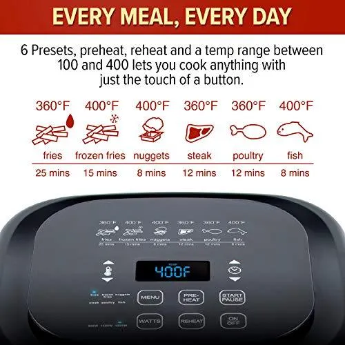 NUWAVE BRIO 6-Quart Digital Air Fryer with One-Touch Digital Controls, 6 easy presets, Precise Temperature Control, Recipe Book, Basket Divider, Wattage Control, PREHEAT & REHEAT Function