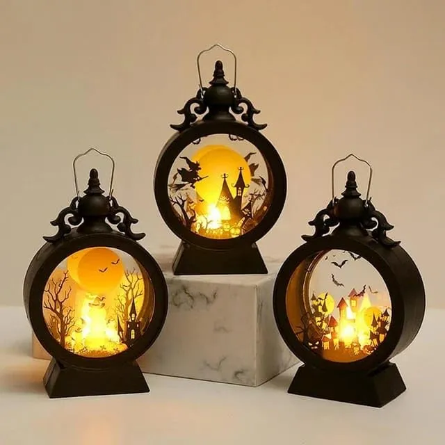 PartyToko Halloween Lantern Mini Halloween Castle Vintage Hanging Lantern Witch Style Gothic Vintage LED Pumpkin Lantern Witch Castle Lantern Black - Any Random Design 1pc