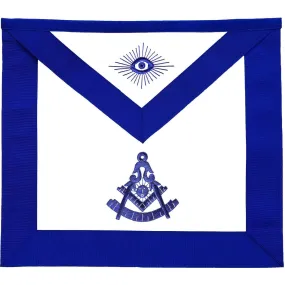 Past Master Blue Lodge Apron - Royal Blue Grosgrain  with Blue Hand Embroidery