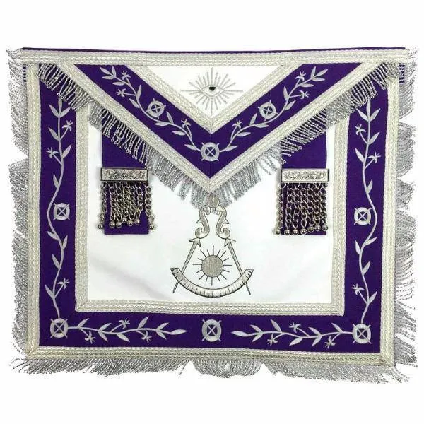 Past Master Blue Lodge Apron - White & Purple with Silver Machine Embroidery