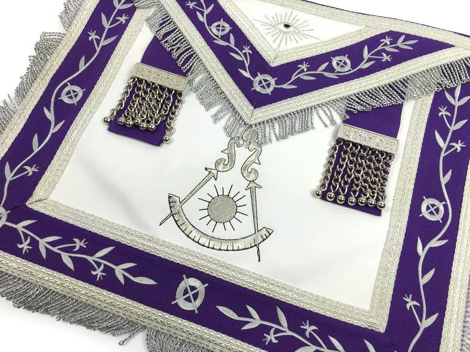 Past Master Blue Lodge Apron - White & Purple with Silver Machine Embroidery