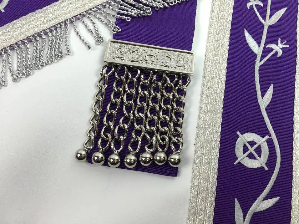 Past Master Blue Lodge Apron - White & Purple with Silver Machine Embroidery