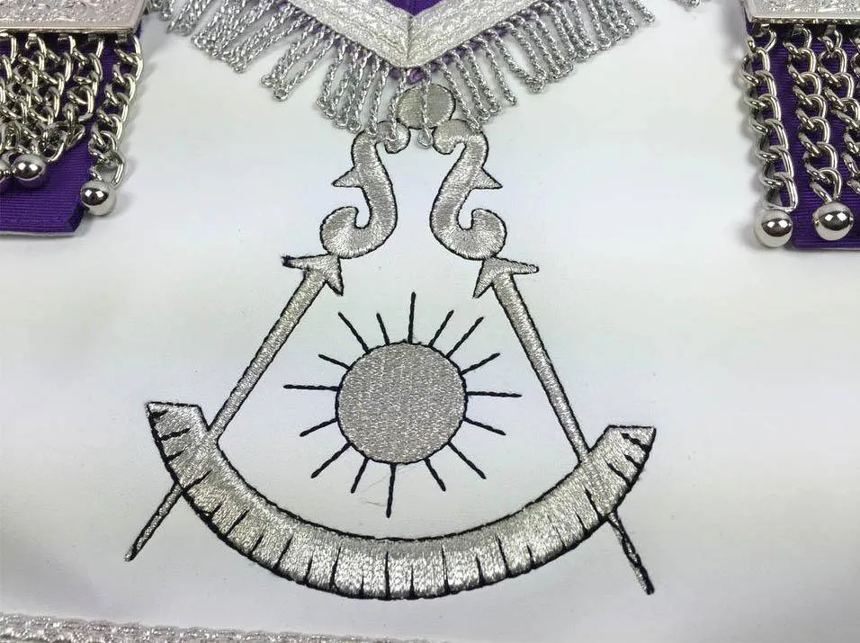 Past Master Blue Lodge Apron - White & Purple with Silver Machine Embroidery