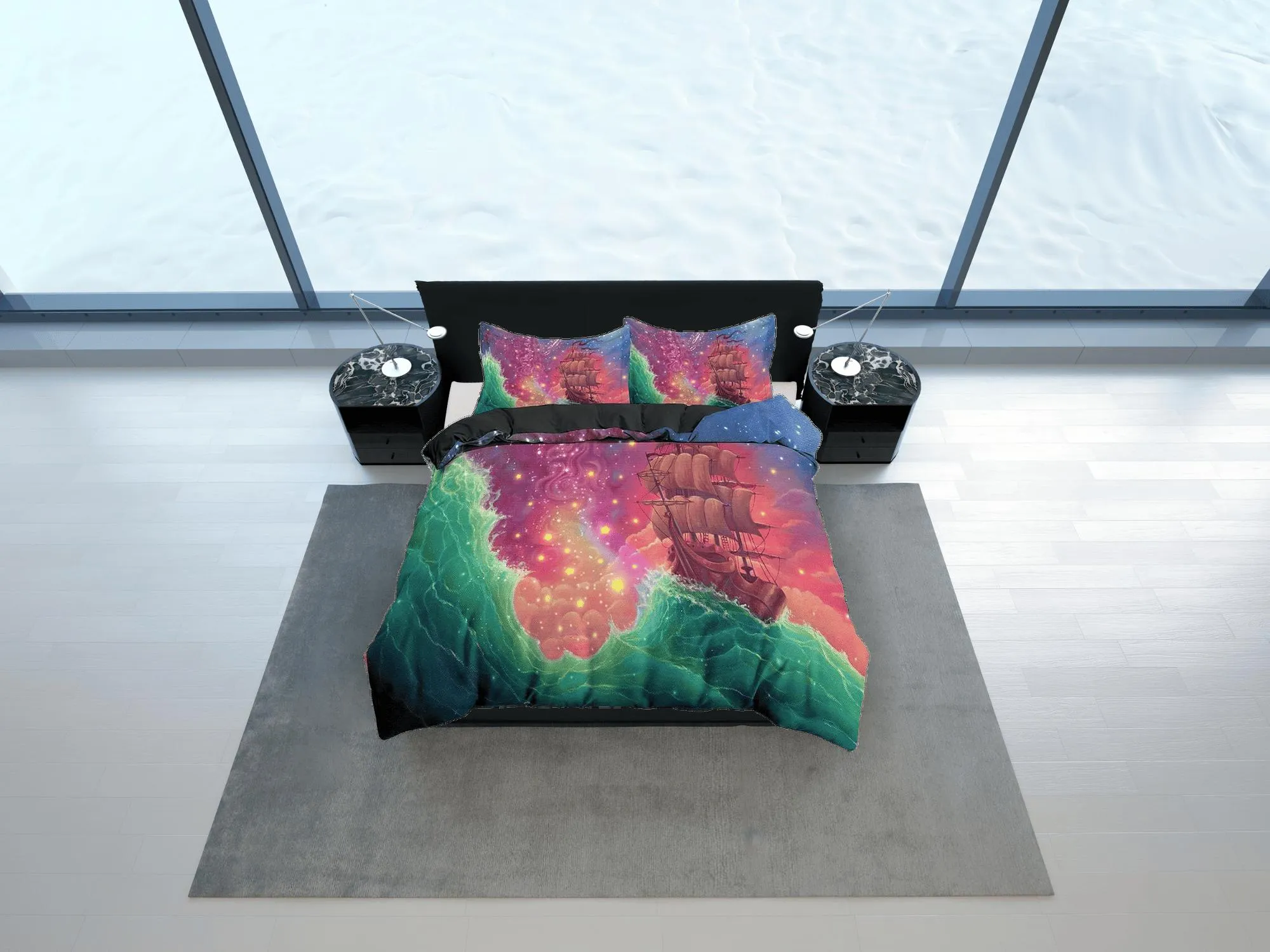 Pink galaxy bedding with viking ship, space bedding set full, cosmic duvet cover king, queen, dorm bedding, toddler bedding aesthetic duvet