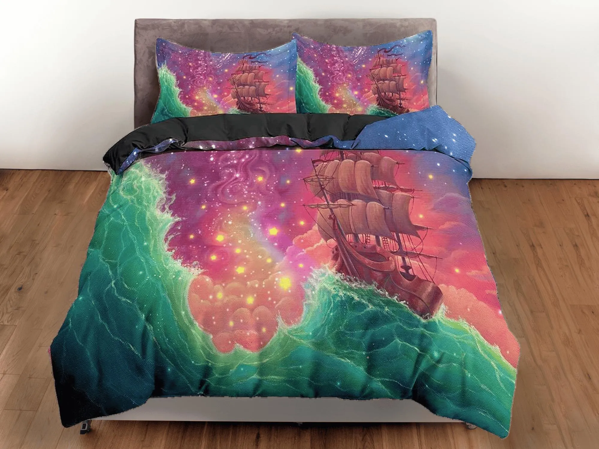 Pink galaxy bedding with viking ship, space bedding set full, cosmic duvet cover king, queen, dorm bedding, toddler bedding aesthetic duvet