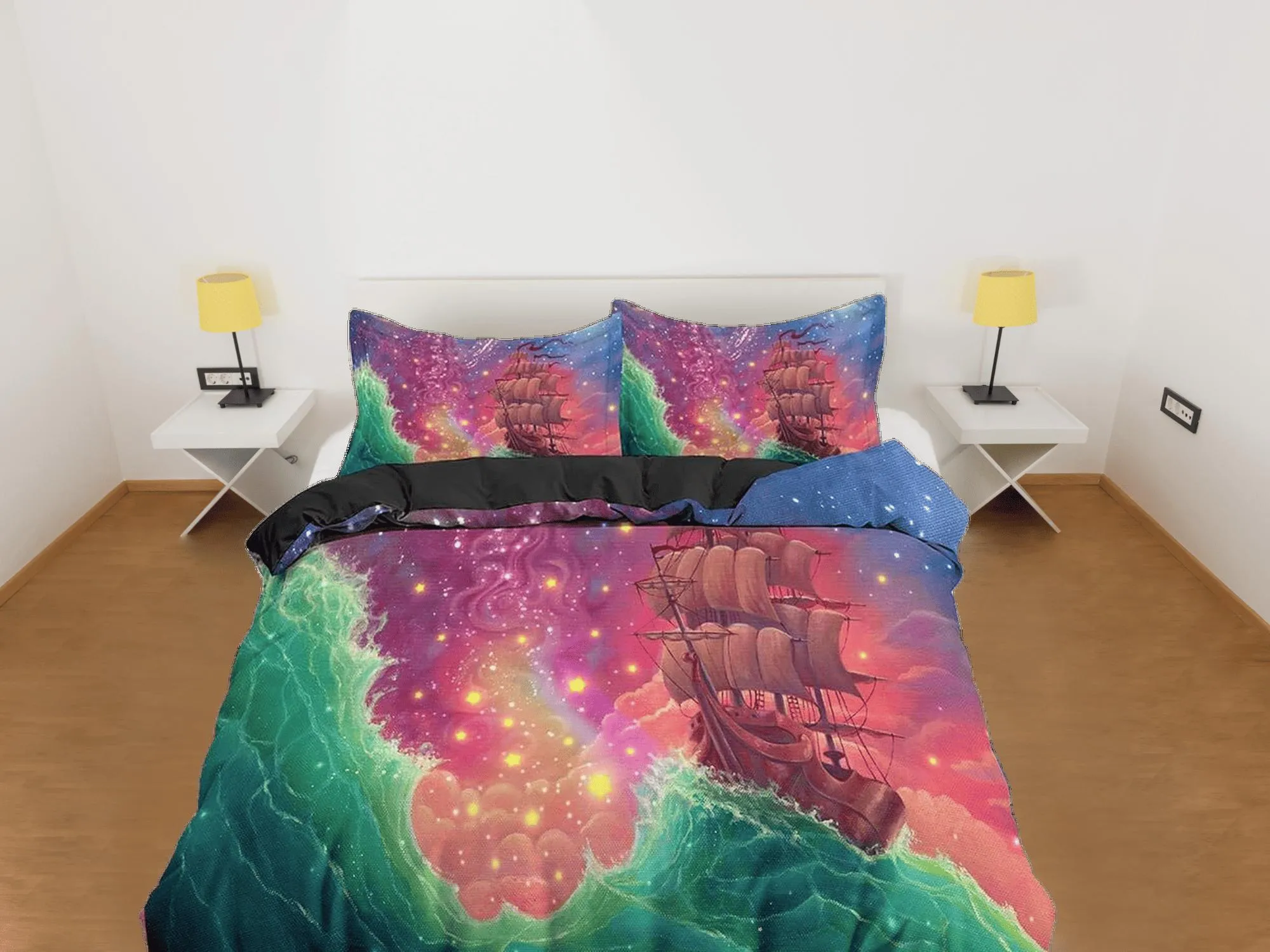 Pink galaxy bedding with viking ship, space bedding set full, cosmic duvet cover king, queen, dorm bedding, toddler bedding aesthetic duvet