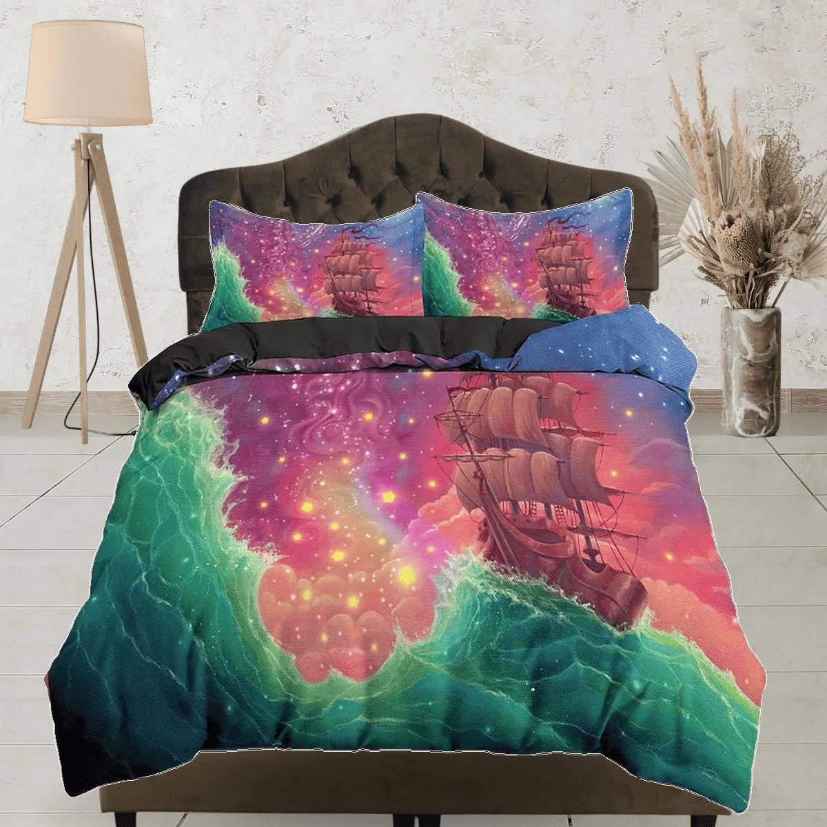 Pink galaxy bedding with viking ship, space bedding set full, cosmic duvet cover king, queen, dorm bedding, toddler bedding aesthetic duvet