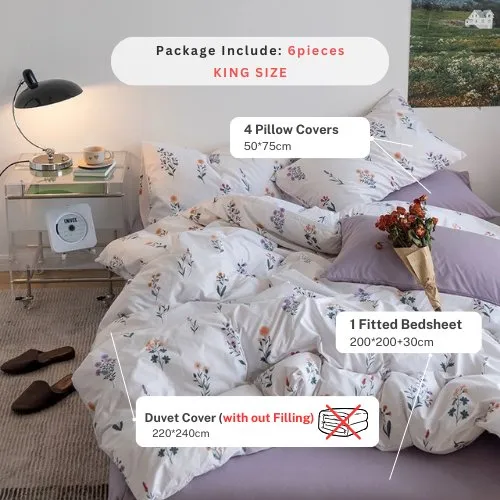 Premium King size 6 Pieces Retro Style with Light Lavender Color Bedsheet Pastoral Printed Bedding Set  without filler.