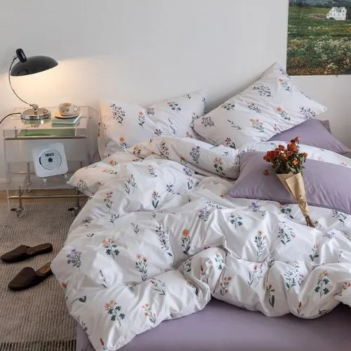 Premium King size 6 Pieces Retro Style with Light Lavender Color Bedsheet Pastoral Printed Bedding Set  without filler.