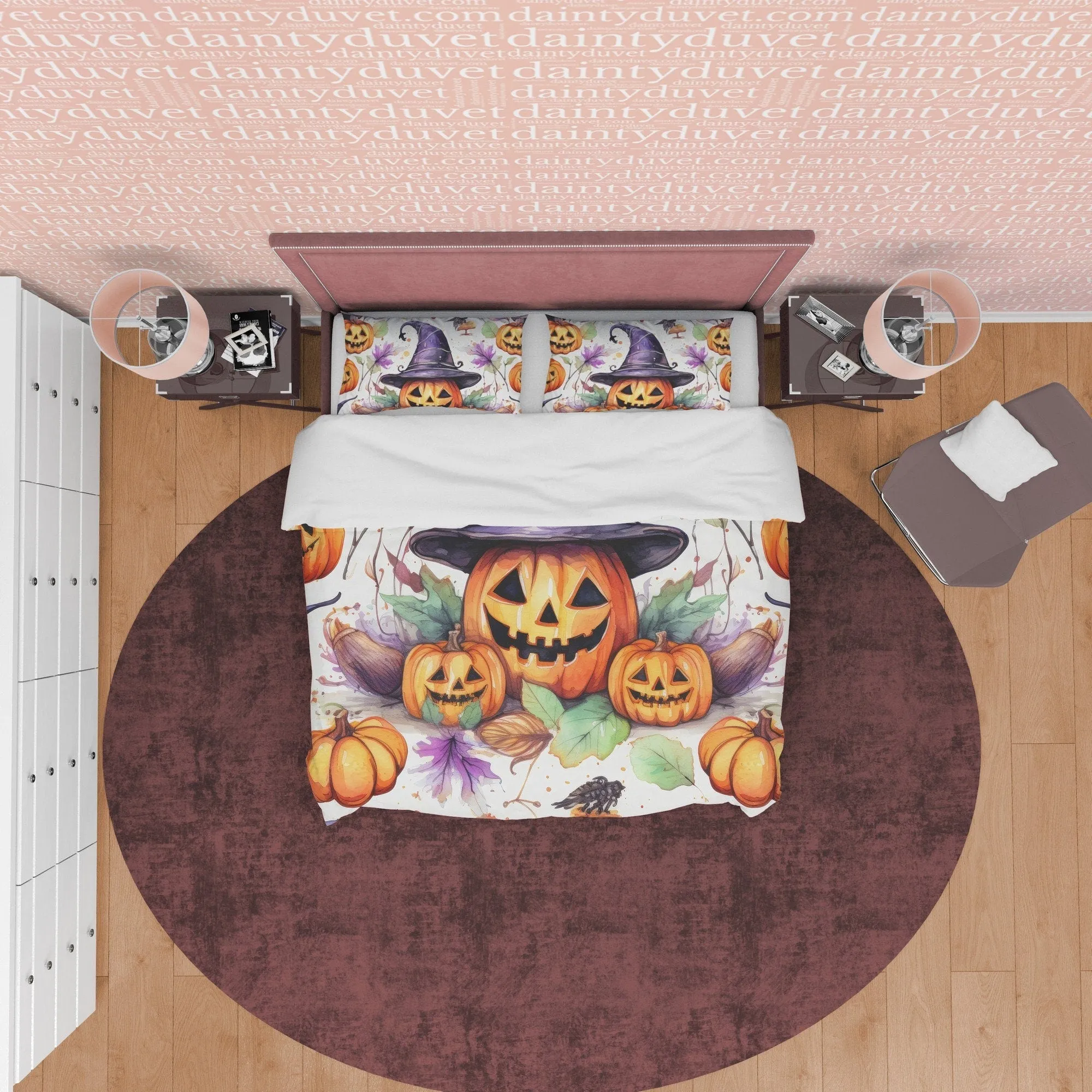 Pumpkin Family Duvet Cover Set, Spooky Bedding, Halloween Room Decor, Witch Hat, Retro Aesthetic Farmhouse, US, European, Aus Bed Size