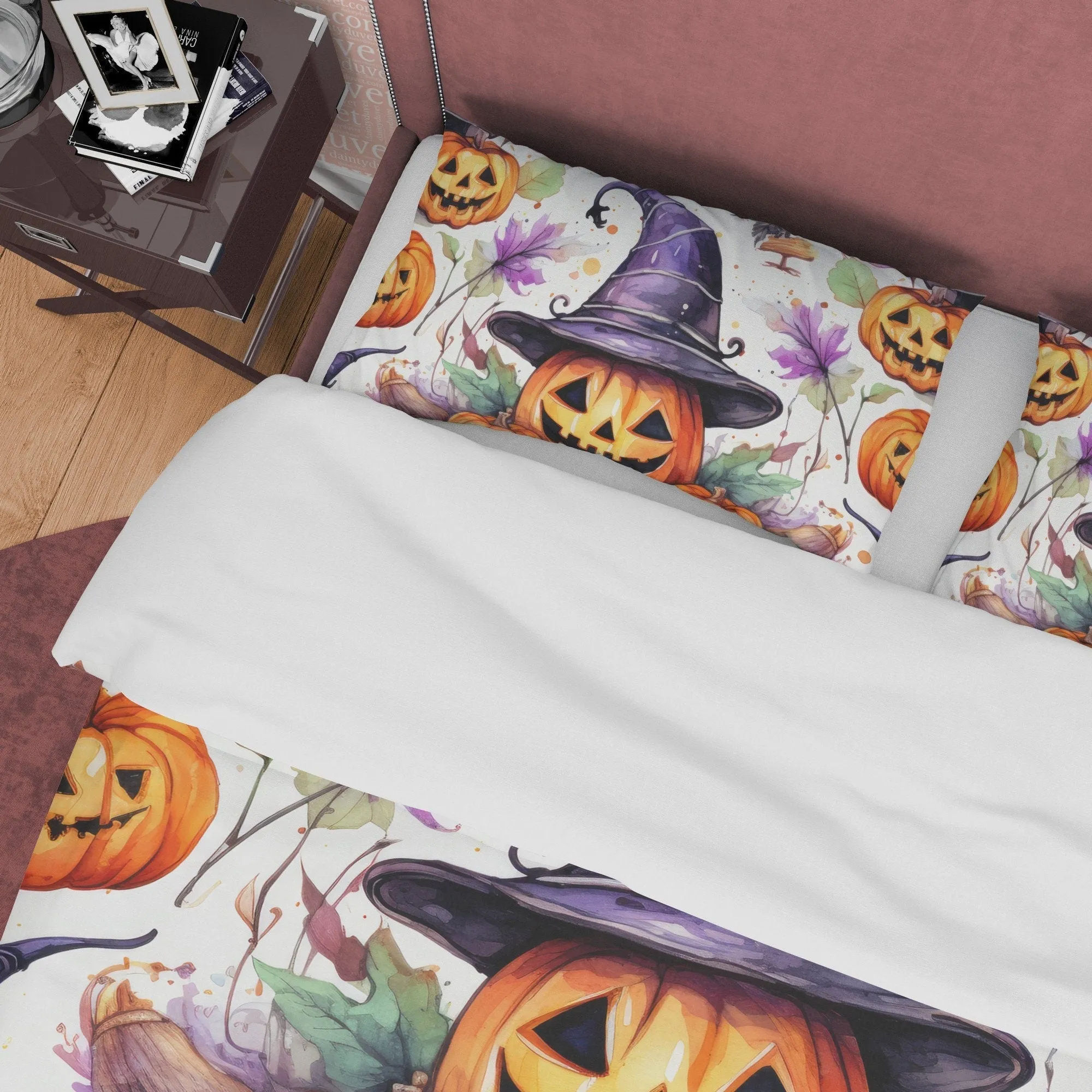 Pumpkin Family Duvet Cover Set, Spooky Bedding, Halloween Room Decor, Witch Hat, Retro Aesthetic Farmhouse, US, European, Aus Bed Size