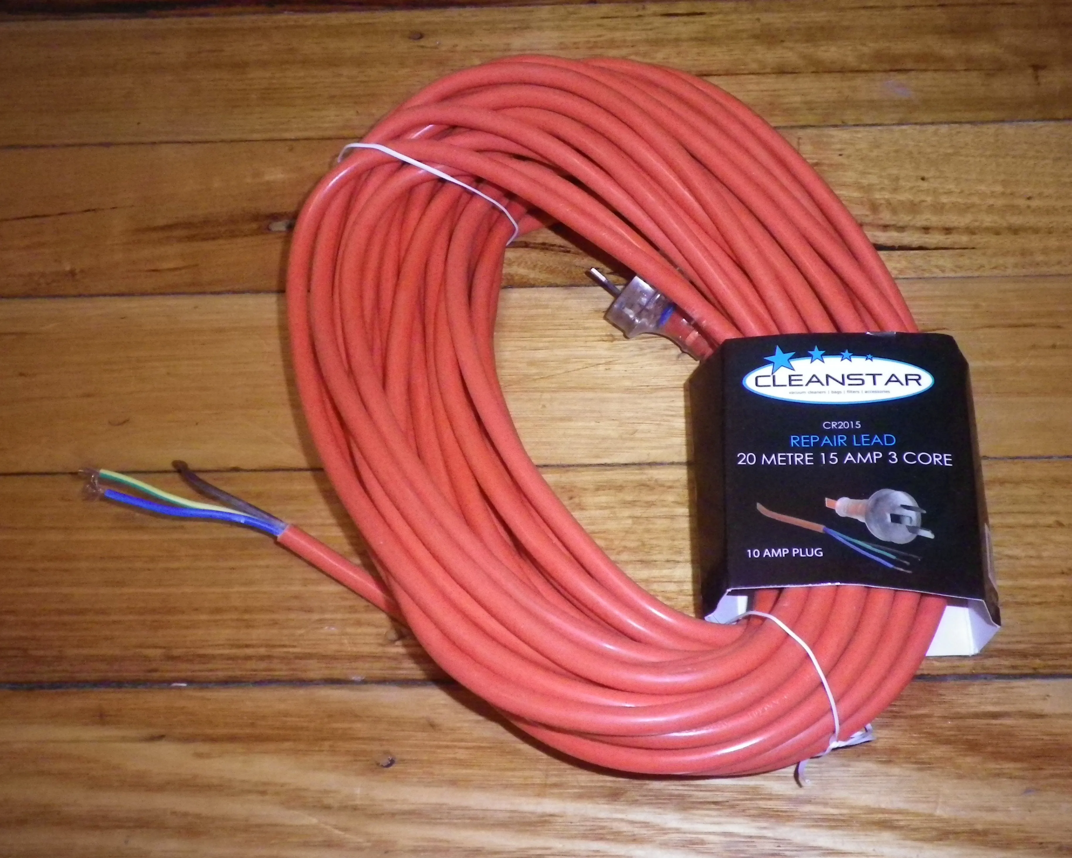 Round Orange 3Wire 15Amp Vacuum Mains Power Cord & Plug 20mtr - Part # CR2015