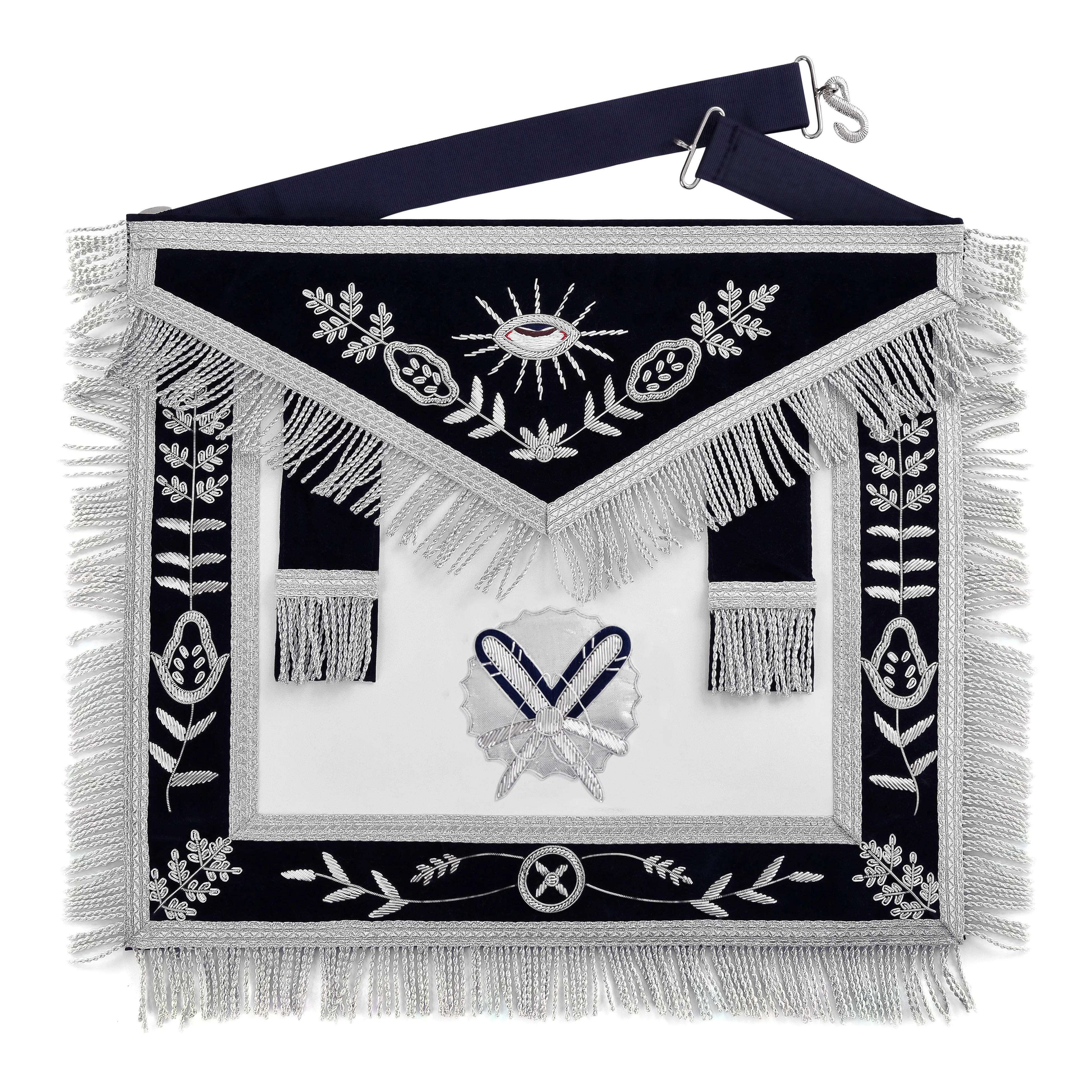 Secretary Blue Lodge Officer Apron - Dark Blue With Silver Hand Embroidery Bullion