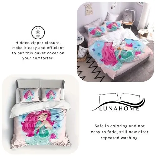 Single size 4 piece bedding set with duvet cover 3D mermaid design.