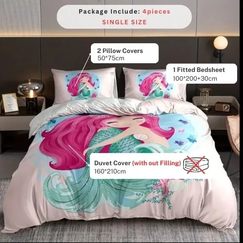 Single size 4 piece bedding set with duvet cover 3D mermaid design.