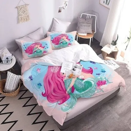 Single size 4 piece bedding set with duvet cover 3D mermaid design.