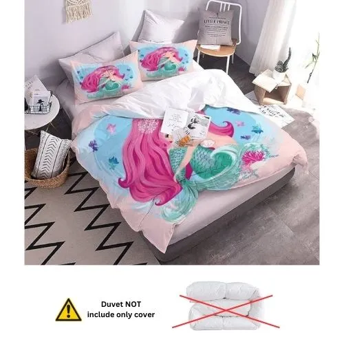 Single size 4 piece bedding set with duvet cover 3D mermaid design.