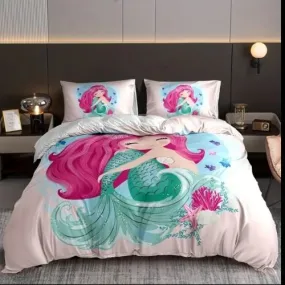 Single size 4 piece bedding set with duvet cover 3D mermaid design.