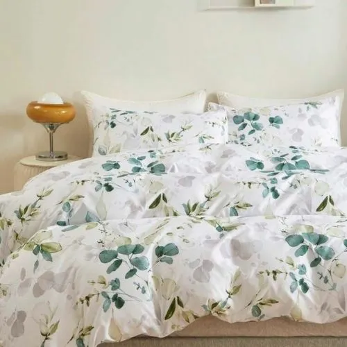 Single Size 4 pieces Bedding set, Green Leaves Design.