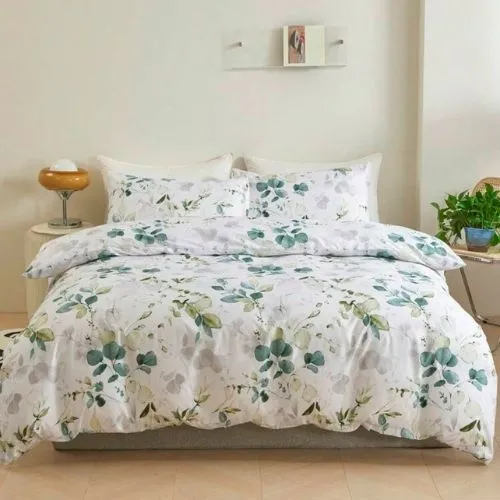 Single Size 4 pieces Bedding set, Green Leaves Design.