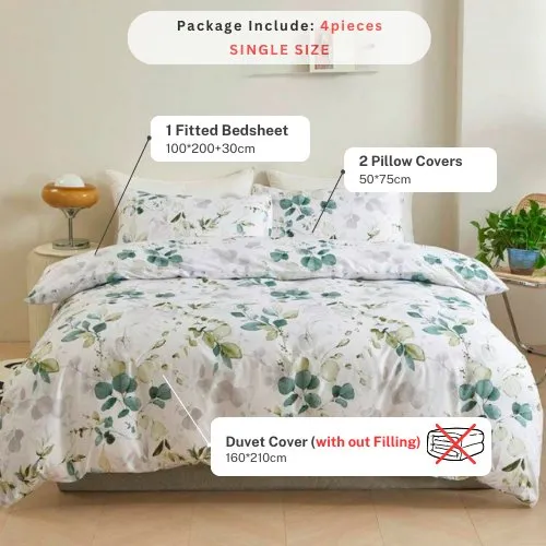 Single Size 4 pieces Bedding set, Green Leaves Design.