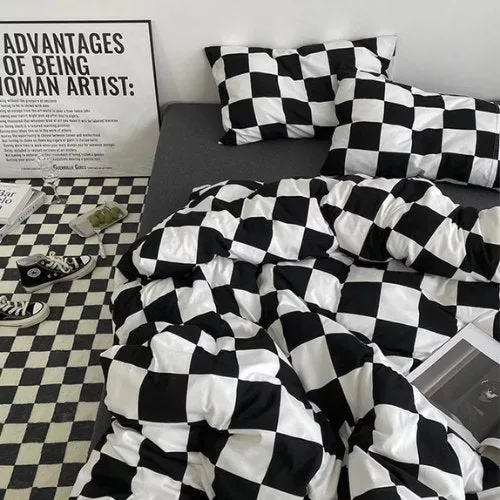 Single size 4 pieces Bedding Set without filler, Black and White Checkered Design