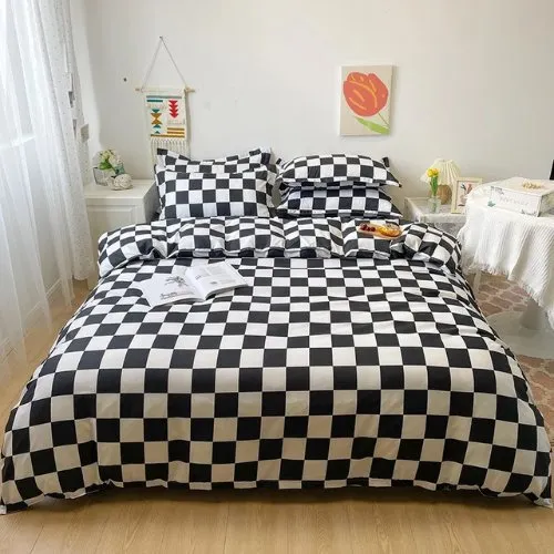 Single size 4 pieces Bedding Set without filler, Black and White Checkered Design