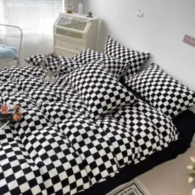 Single size 4 pieces Bedding Set without filler, Black and White Checkered Design