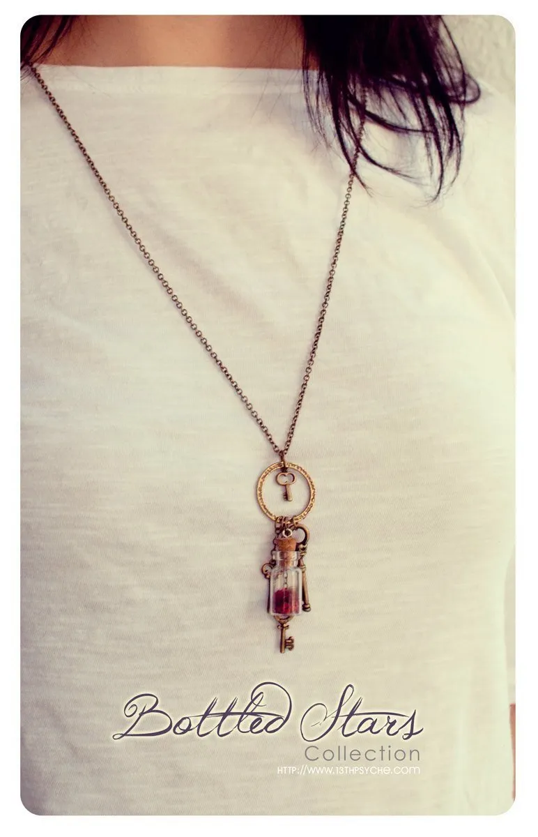 Skeleton keys glass bottle vial pendant necklace