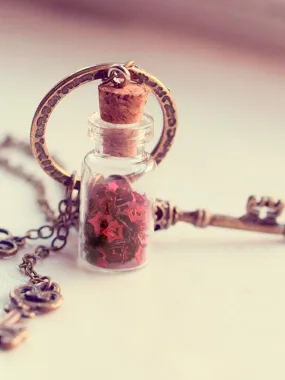 Skeleton keys glass bottle vial pendant necklace