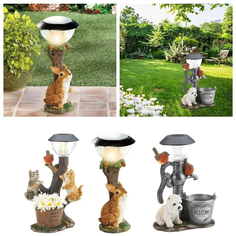 Solar Powered Resin Garden Animal Figurine Statue Ornament Lamp Decoration