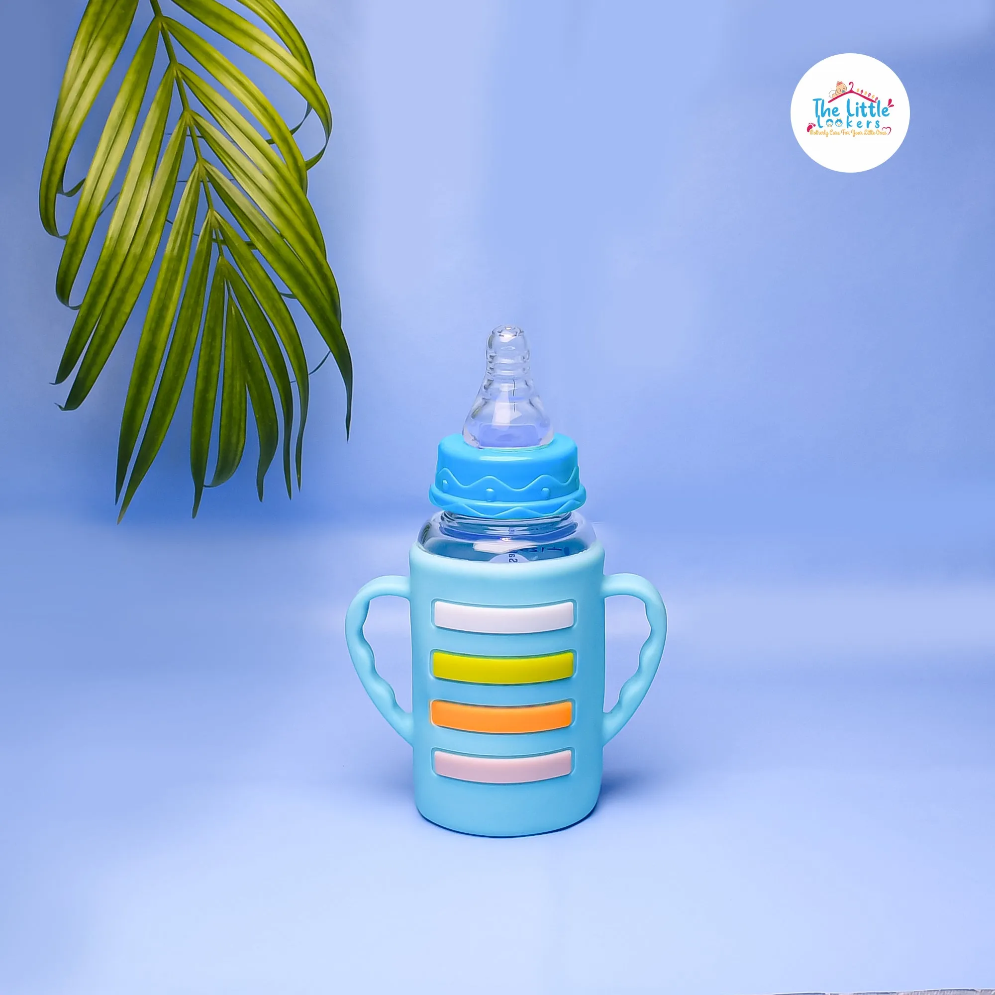 The Little Lookers High Borosilicate Glass Feeding Bottle with Handle Silicon Cover for Baby/Feeder for Newborn | Super Soft Flow Control & Anti Colic Nipple for Infants/Toddlers