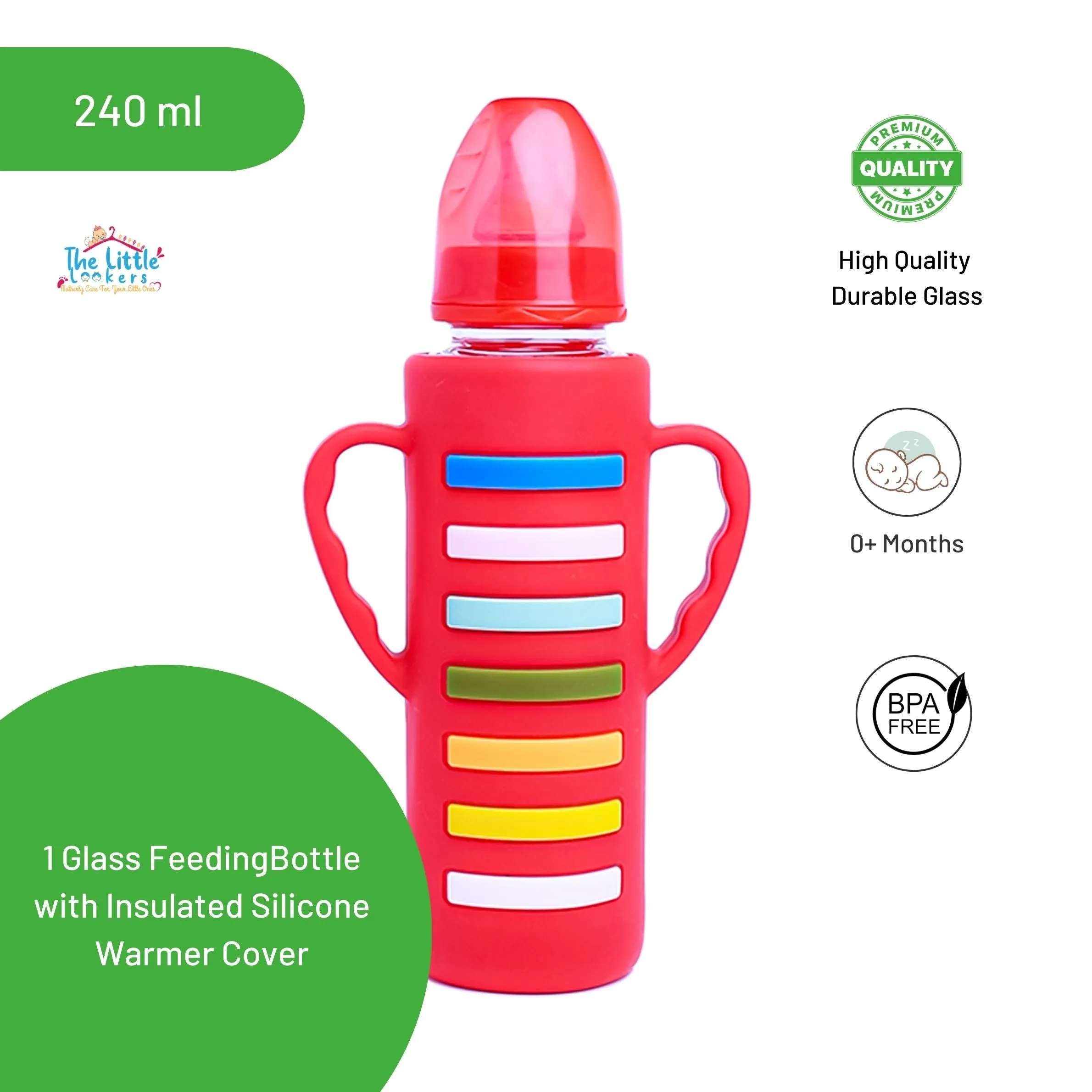 The Little Lookers High Borosilicate Glass Feeding Bottle with Handle Silicon Cover for Baby/Feeder for Newborn | Super Soft Flow Control & Anti Colic Nipple for Infants/Toddlers