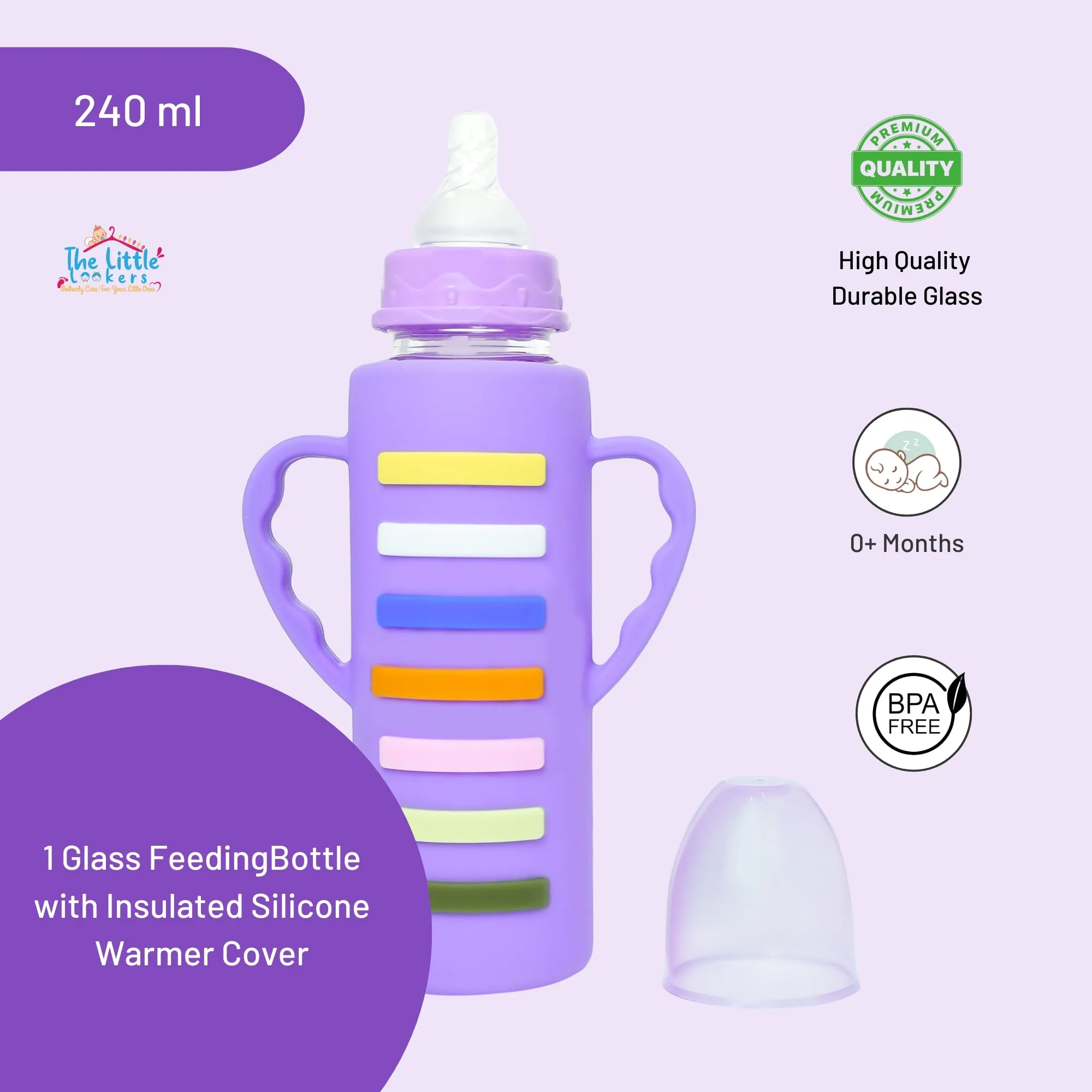 The Little Lookers High Borosilicate Glass Feeding Bottle with Handle Silicon Cover for Baby/Feeder for Newborn | Super Soft Flow Control & Anti Colic Nipple for Infants/Toddlers