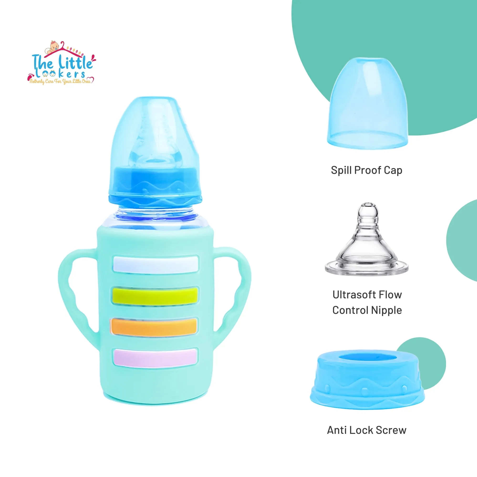 The Little Lookers High Borosilicate Glass Feeding Bottle with Handle Silicon Cover for Baby/Feeder for Newborn | Super Soft Flow Control & Anti Colic Nipple for Infants/Toddlers