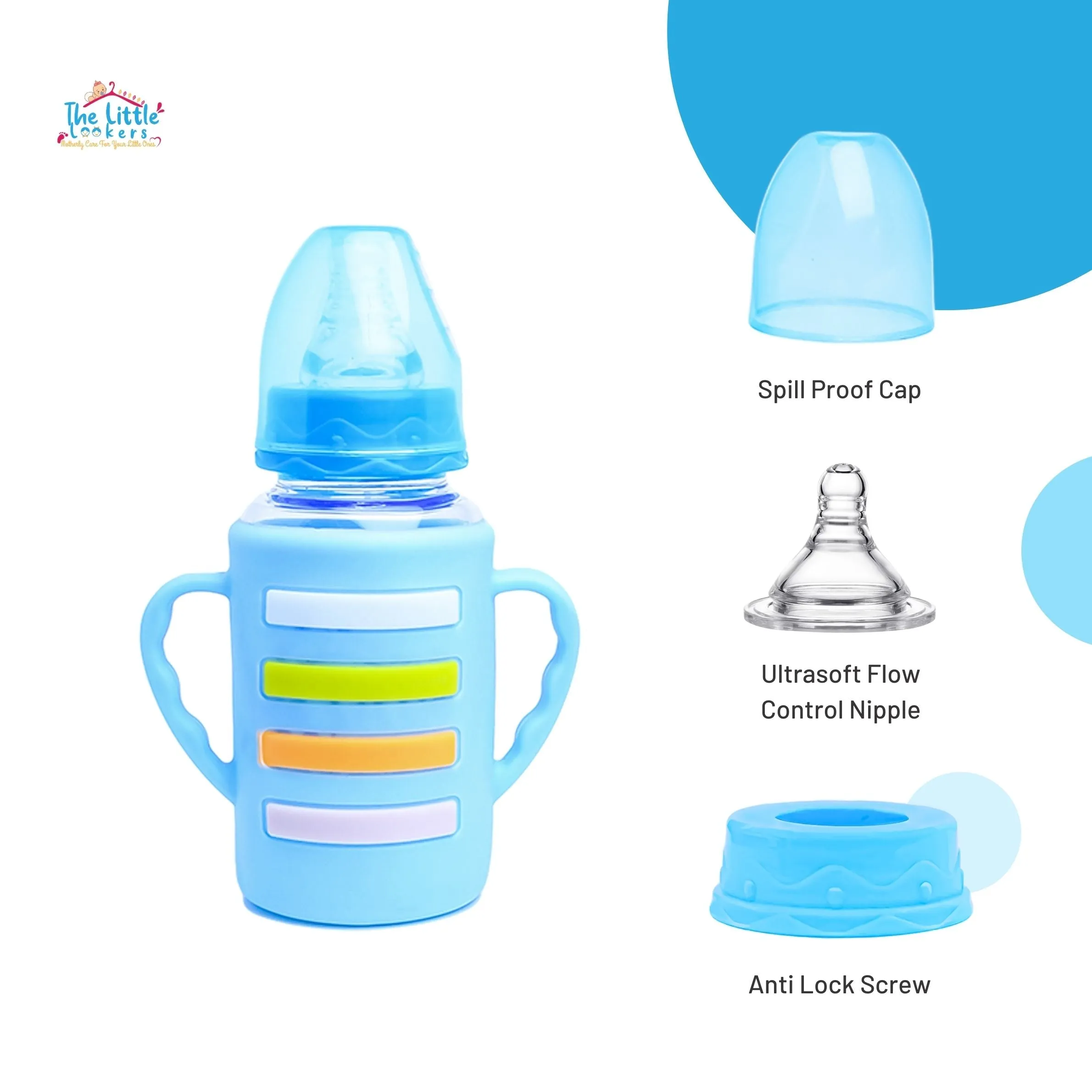 The Little Lookers High Borosilicate Glass Feeding Bottle with Handle Silicon Cover for Baby/Feeder for Newborn | Super Soft Flow Control & Anti Colic Nipple for Infants/Toddlers