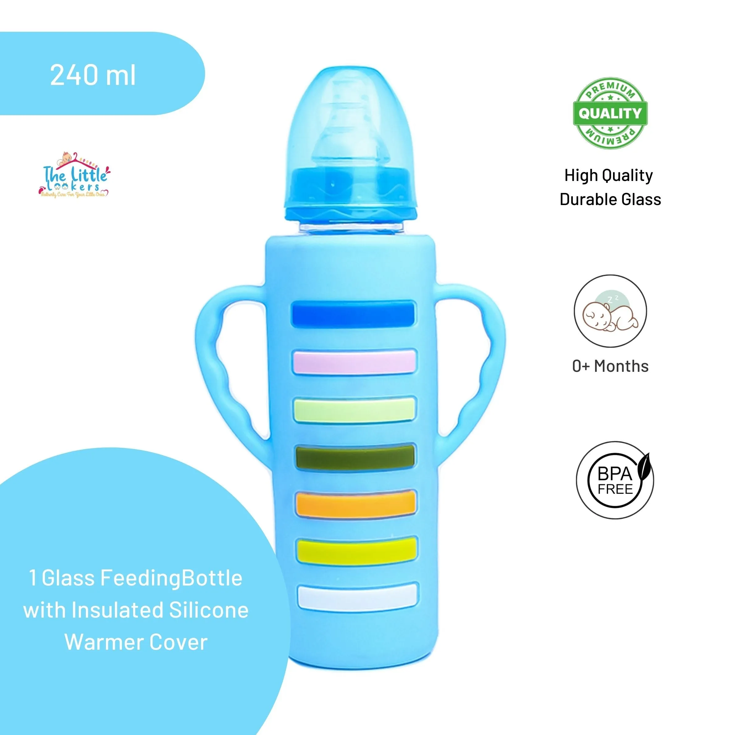 The Little Lookers High Borosilicate Glass Feeding Bottle with Handle Silicon Cover for Baby/Feeder for Newborn | Super Soft Flow Control & Anti Colic Nipple for Infants/Toddlers