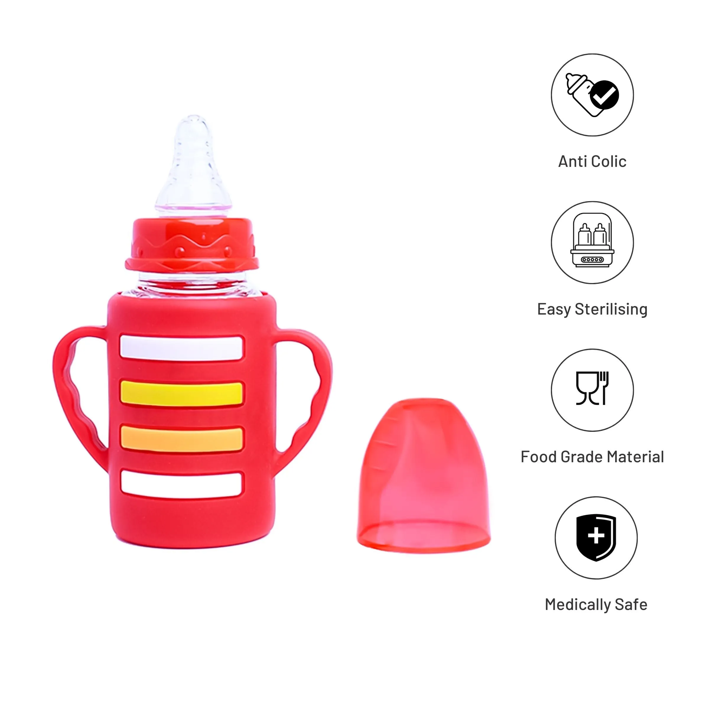 The Little Lookers High Borosilicate Glass Feeding Bottle with Handle Silicon Cover for Baby/Feeder for Newborn | Super Soft Flow Control & Anti Colic Nipple for Infants/Toddlers