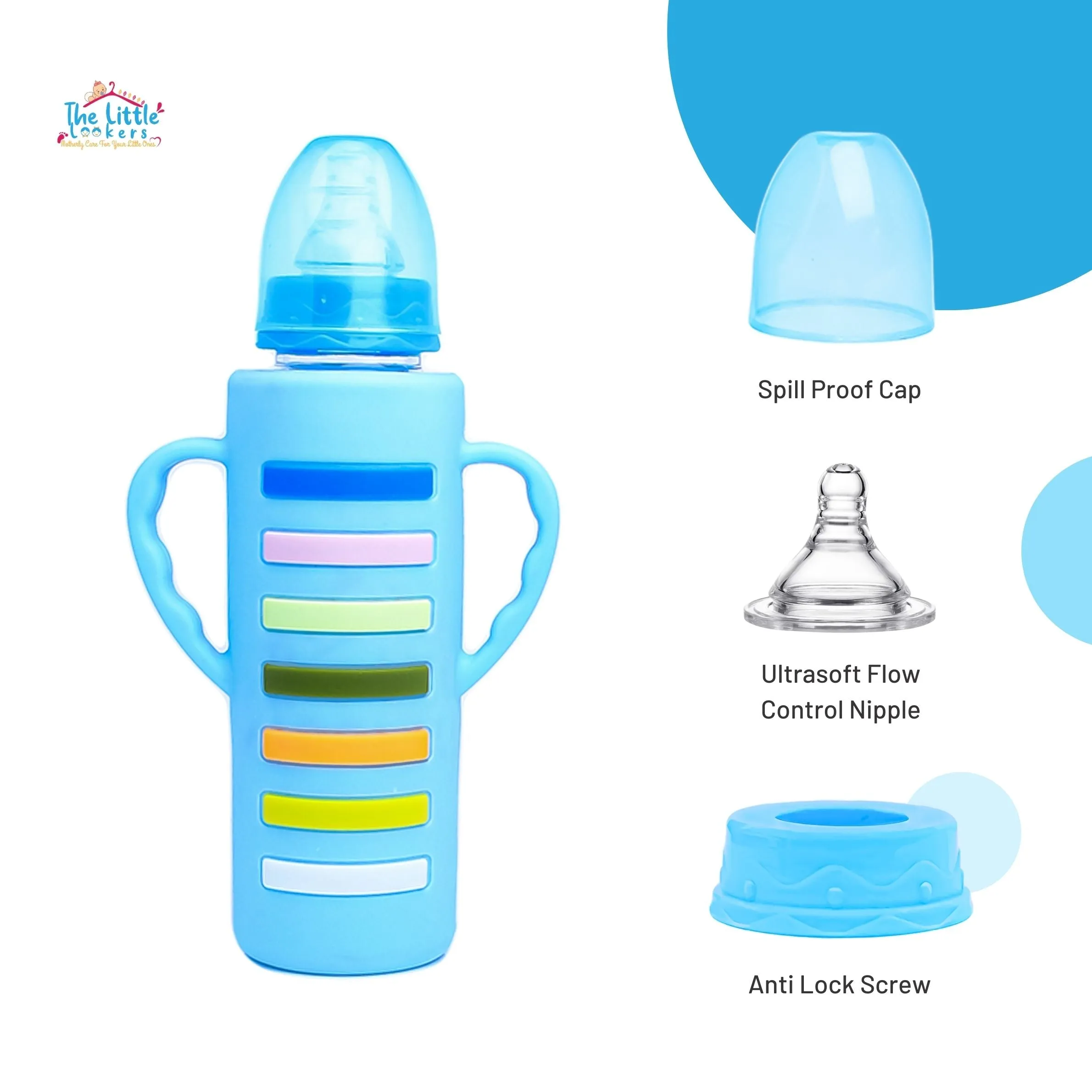 The Little Lookers High Borosilicate Glass Feeding Bottle with Handle Silicon Cover for Baby/Feeder for Newborn | Super Soft Flow Control & Anti Colic Nipple for Infants/Toddlers