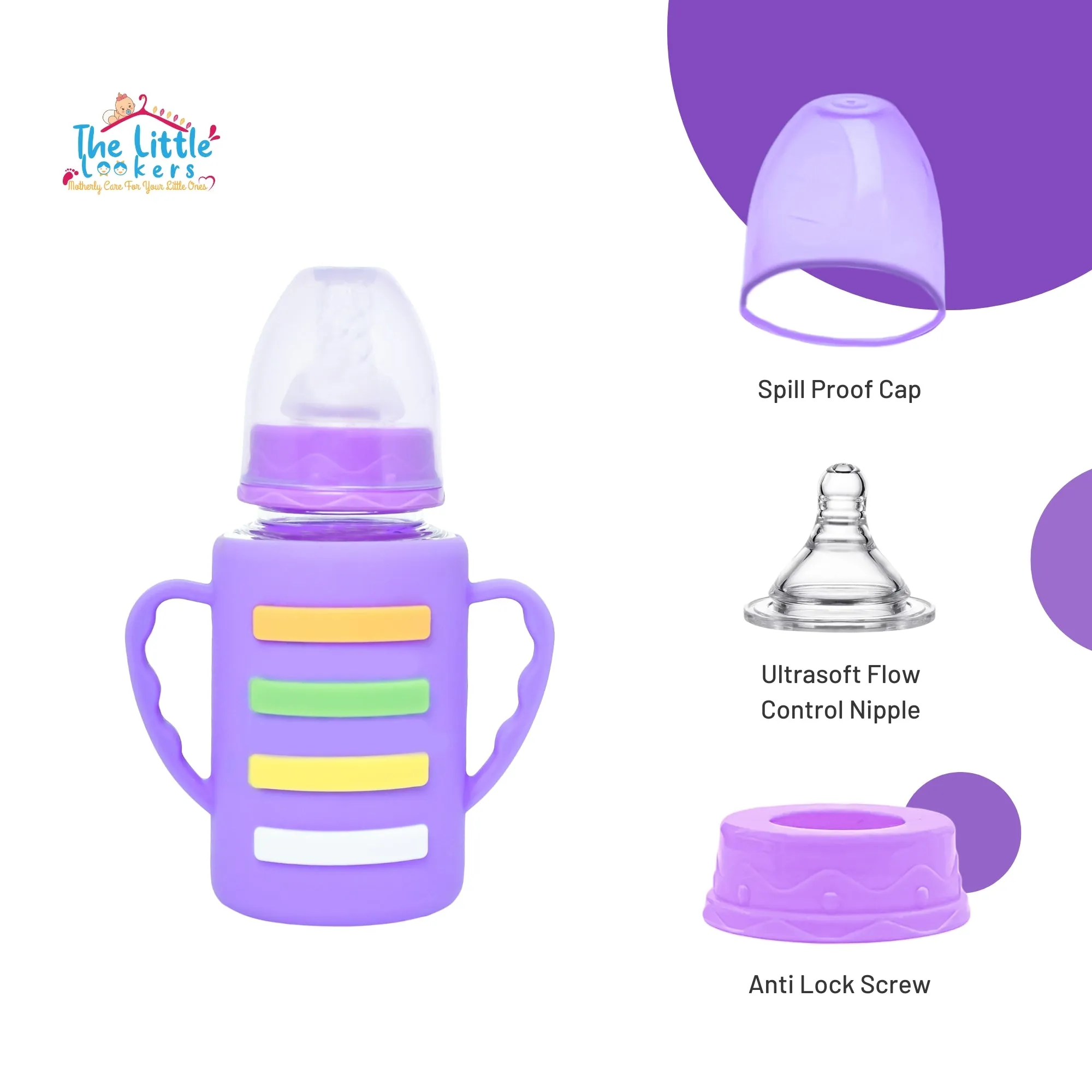 The Little Lookers High Borosilicate Glass Feeding Bottle with Handle Silicon Cover for Baby/Feeder for Newborn | Super Soft Flow Control & Anti Colic Nipple for Infants/Toddlers