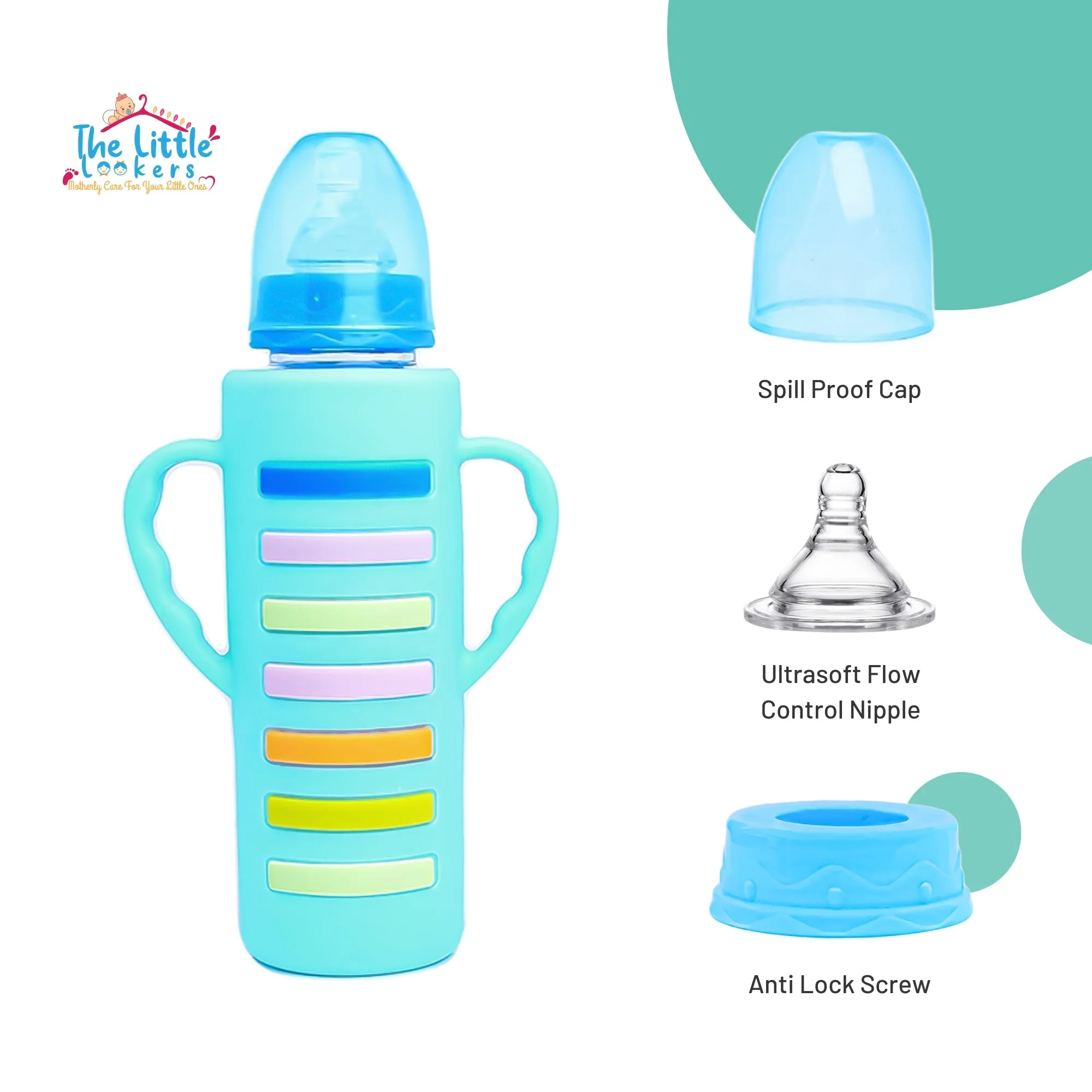 The Little Lookers High Borosilicate Glass Feeding Bottle with Handle Silicon Cover for Baby/Feeder for Newborn | Super Soft Flow Control & Anti Colic Nipple for Infants/Toddlers